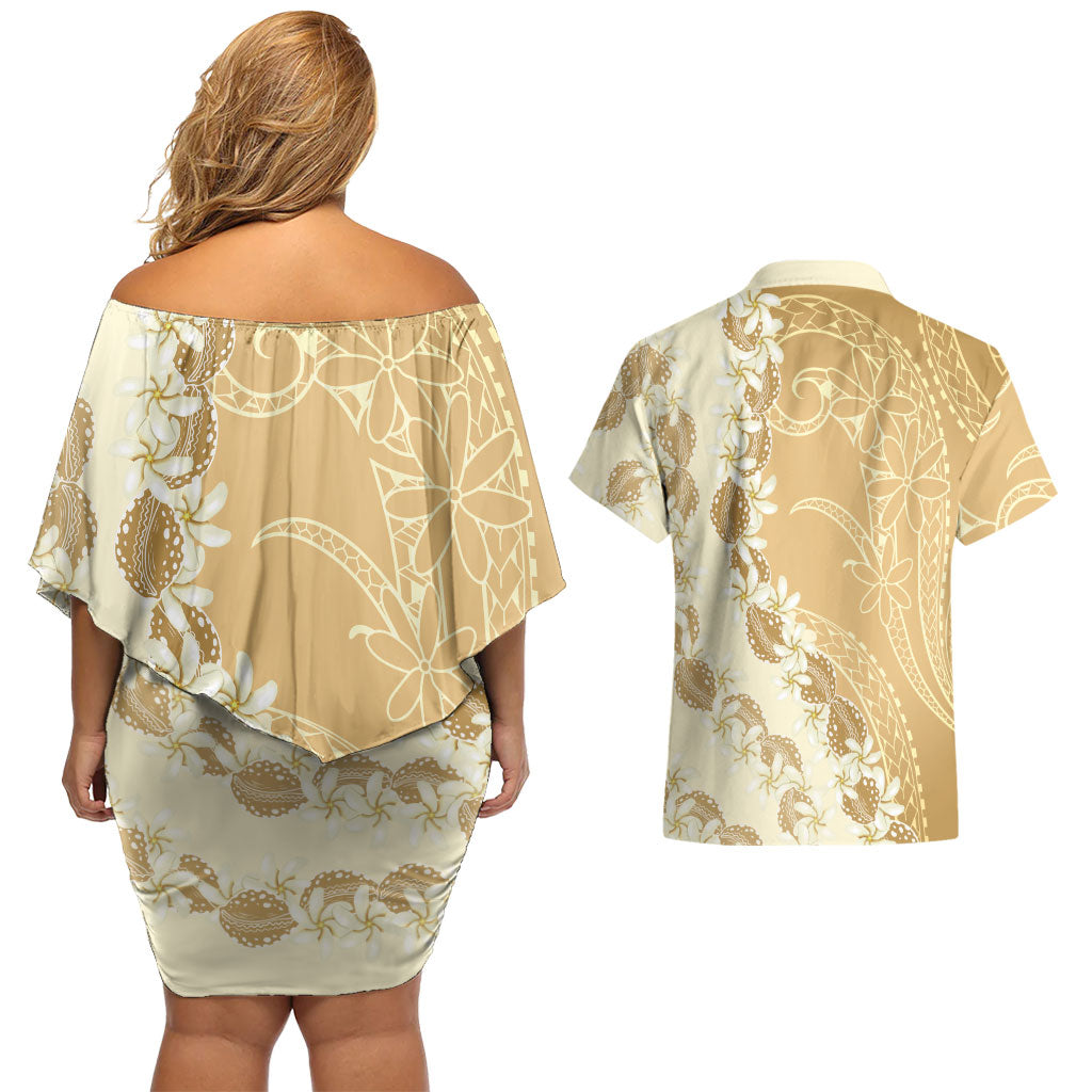 Heiva i Tahiti Couples Matching Off Shoulder Short Dress and Hawaiian Shirt Tahitian Tiare Maori Cowrie Lei Brown LT14 - Polynesian Pride