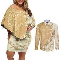 Heiva i Tahiti Couples Matching Off Shoulder Short Dress and Long Sleeve Button Shirt Tahitian Tiare Maori Cowrie Lei Brown LT14 Brown - Polynesian Pride