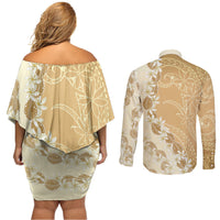 Heiva i Tahiti Couples Matching Off Shoulder Short Dress and Long Sleeve Button Shirt Tahitian Tiare Maori Cowrie Lei Brown LT14 - Polynesian Pride