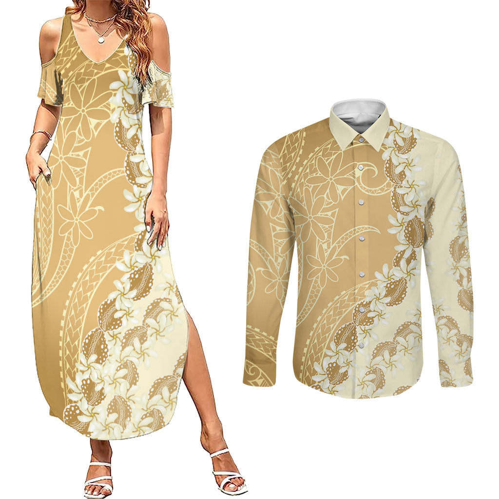 Heiva i Tahiti Couples Matching Summer Maxi Dress and Long Sleeve Button Shirt Tahitian Tiare Maori Cowrie Lei Brown LT14 Brown - Polynesian Pride