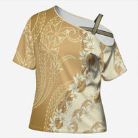 Heiva i Tahiti Cross Shoulder Shirt Tahitian Tiare Maori Cowrie Lei Brown LT14 Female Brown - Polynesian Pride