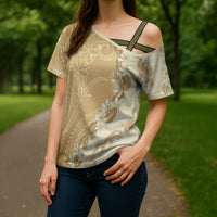 Heiva i Tahiti Cross Shoulder Shirt Tahitian Tiare Maori Cowrie Lei Brown LT14 - Polynesian Pride