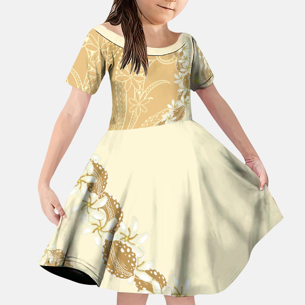 Heiva i Tahiti Family Matching Off Shoulder Maxi Dress and Hawaiian Shirt Tahitian Tiare Maori Cowrie Lei Brown LT14 Daughter's Dress Brown - Polynesian Pride