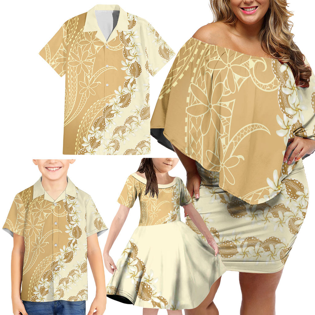 Heiva i Tahiti Family Matching Off Shoulder Short Dress and Hawaiian Shirt Tahitian Tiare Maori Cowrie Lei Brown