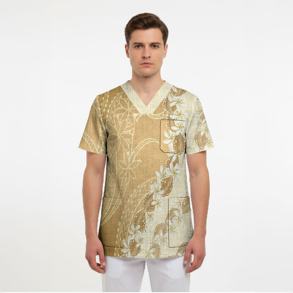 Heiva i Tahiti Scrub Top Tahitian Tiare Maori Cowrie Lei Brown