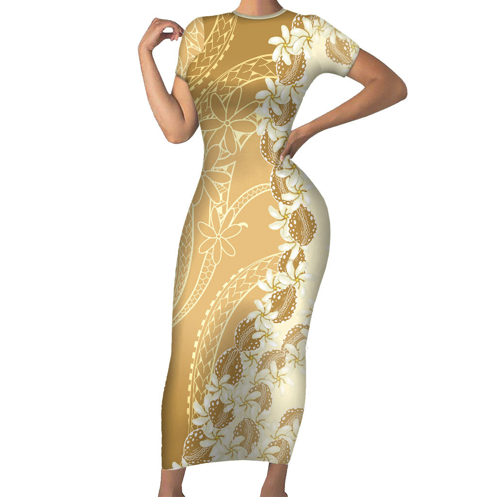 Heiva i Tahiti Short Sleeve Bodycon Dress Tahitian Tiare Maori Cowrie Lei Brown