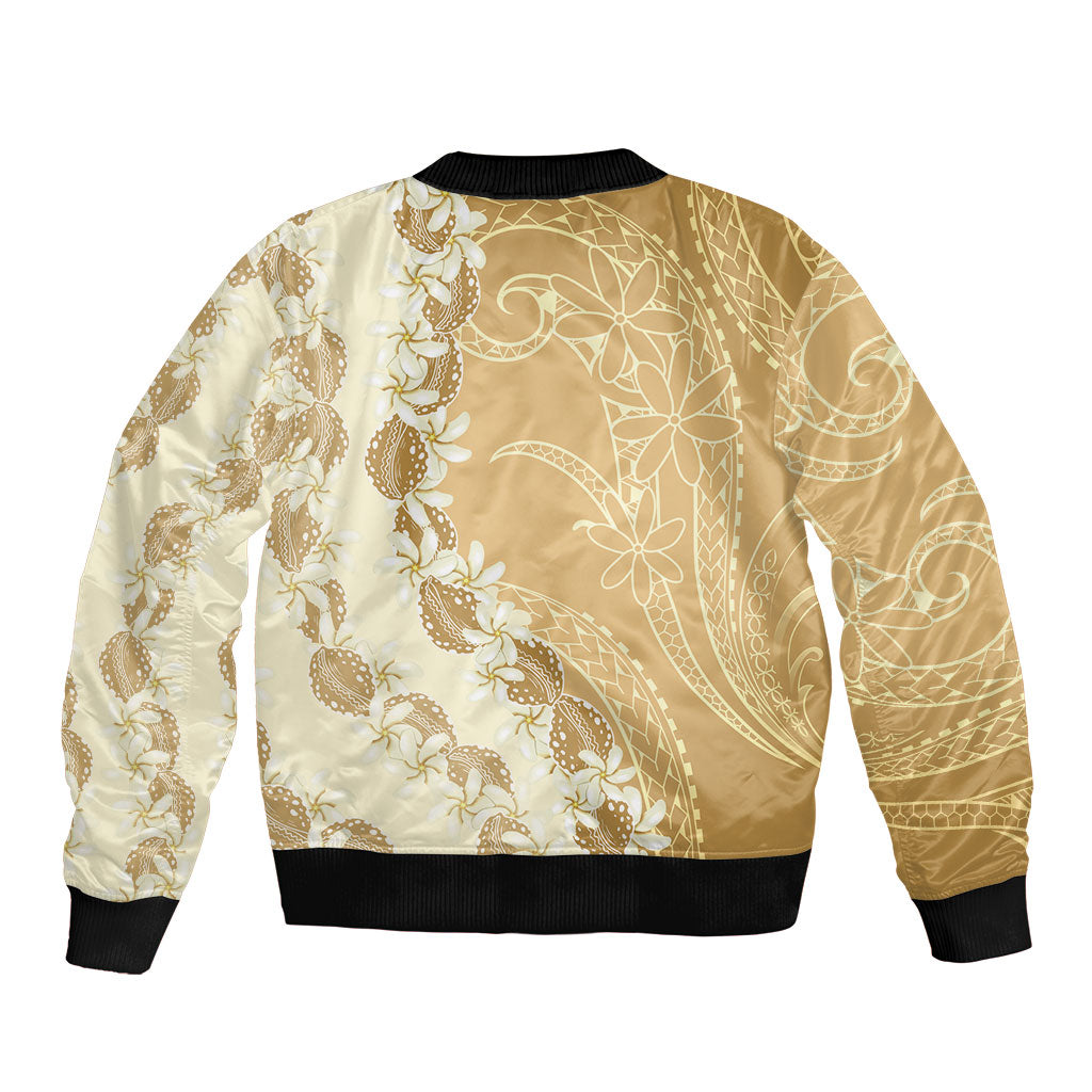 Heiva i Tahiti Sleeve Zip Bomber Jacket Tahitian Tiare Maori Cowrie Lei Brown