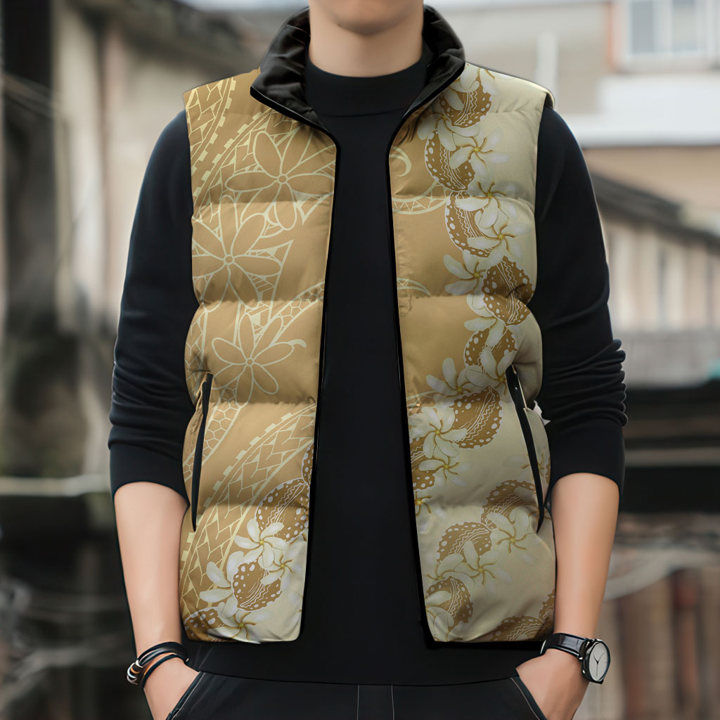 Heiva i Tahiti Sleeveless Puffer Jacket Tahitian Tiare Maori Cowrie Lei Brown