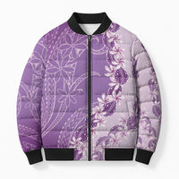 Heiva i Tahiti Bomber Puffer Jacket Tahitian Tiare Maori Cowrie Lei Purple