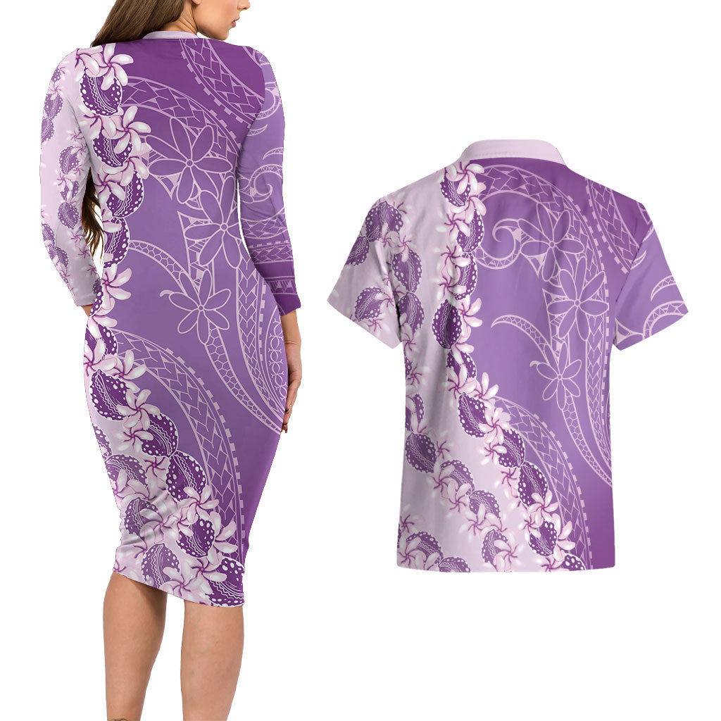 Heiva i Tahiti Couples Matching Long Sleeve Bodycon Dress and Hawaiian Shirt Tahitian Tiare Maori Cowrie Lei Purple LT14 - Polynesian Pride