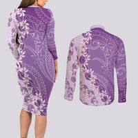 Heiva i Tahiti Couples Matching Long Sleeve Bodycon Dress and Long Sleeve Button Shirt Tahitian Tiare Maori Cowrie Lei Purple LT14 - Polynesian Pride