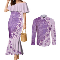 Heiva i Tahiti Couples Matching Mermaid Dress and Long Sleeve Button Shirt Tahitian Tiare Maori Cowrie Lei Purple LT14 Purple - Polynesian Pride