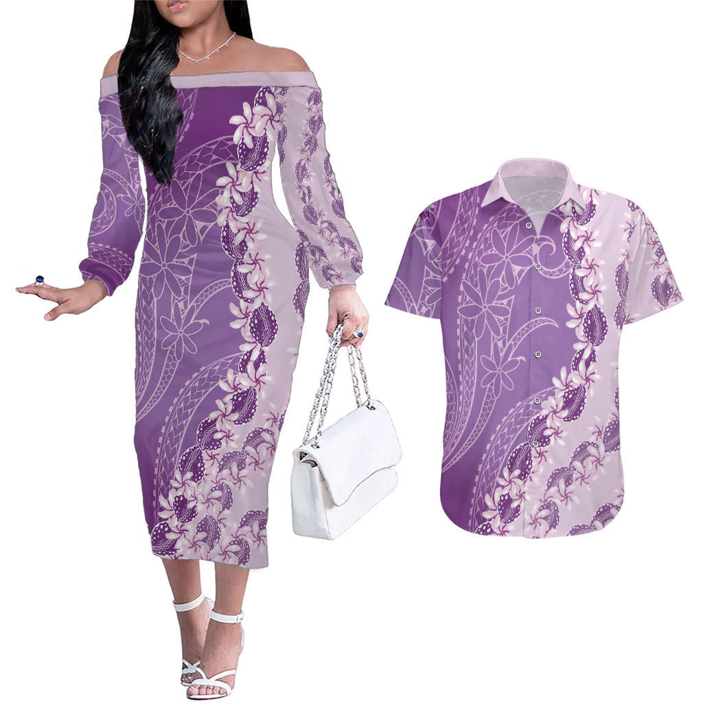 Heiva i Tahiti Couples Matching Off The Shoulder Long Sleeve Dress and Hawaiian Shirt Tahitian Tiare Maori Cowrie Lei Purple LT14 Purple - Polynesian Pride