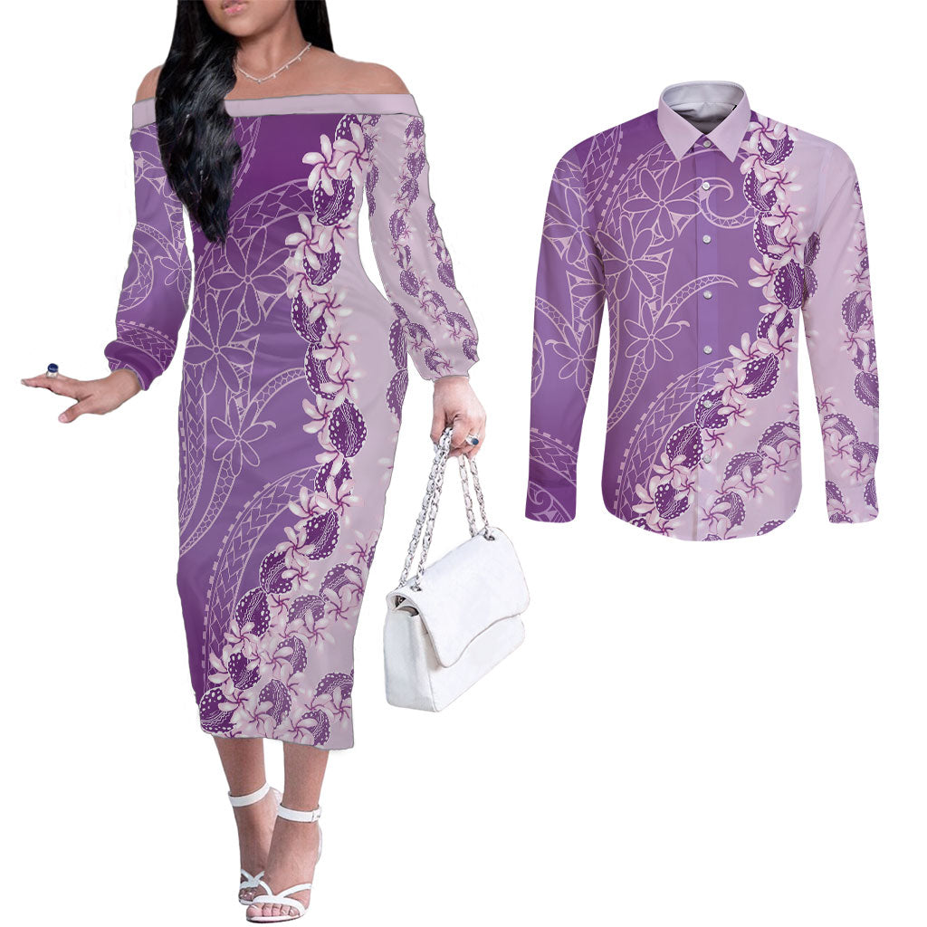 Heiva i Tahiti Couples Matching Off The Shoulder Long Sleeve Dress and Long Sleeve Button Shirt Tahitian Tiare Maori Cowrie Lei Purple LT14 Purple - Polynesian Pride