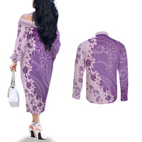 Heiva i Tahiti Couples Matching Off The Shoulder Long Sleeve Dress and Long Sleeve Button Shirt Tahitian Tiare Maori Cowrie Lei Purple LT14 - Polynesian Pride