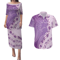 Heiva i Tahiti Couples Matching Puletasi and Hawaiian Shirt Tahitian Tiare Maori Cowrie Lei Purple LT14 Purple - Polynesian Pride