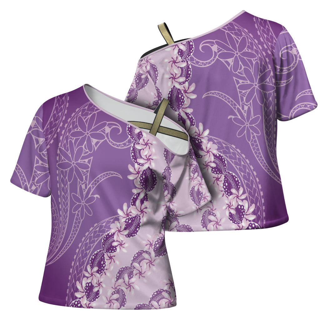 Heiva i Tahiti Cross Shoulder Shirt Tahitian Tiare Maori Cowrie Lei Purple LT14 - Polynesian Pride