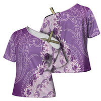 Heiva i Tahiti Cross Shoulder Shirt Tahitian Tiare Maori Cowrie Lei Purple LT14 - Polynesian Pride
