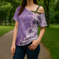Heiva i Tahiti Cross Shoulder Shirt Tahitian Tiare Maori Cowrie Lei Purple LT14 - Polynesian Pride
