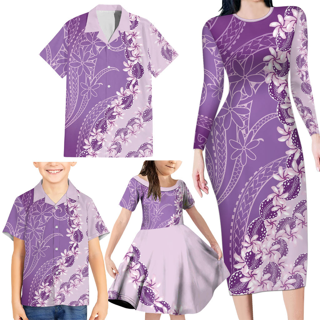 Heiva i Tahiti Family Matching Long Sleeve Bodycon Dress and Hawaiian Shirt Tahitian Tiare Maori Cowrie Lei Purple