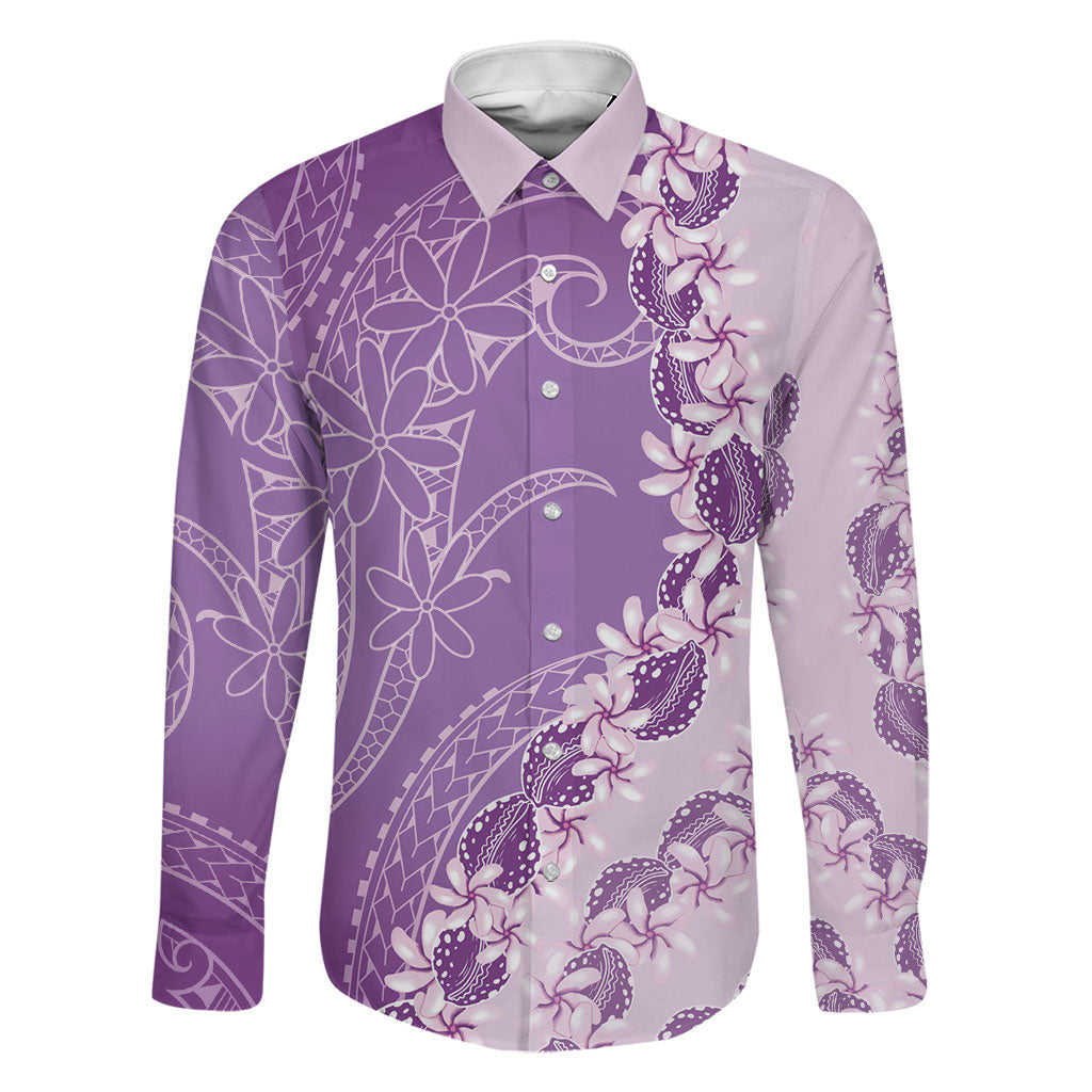 Heiva i Tahiti Family Matching Off Shoulder Maxi Dress and Hawaiian Shirt Tahitian Tiare Maori Cowrie Lei Purple LT14 Dad's Shirt - Long Sleeve Purple - Polynesian Pride