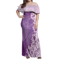 Heiva i Tahiti Off Shoulder Maxi Dress Tahitian Tiare Maori Cowrie Lei Purple LT14 Women Purple - Polynesian Pride