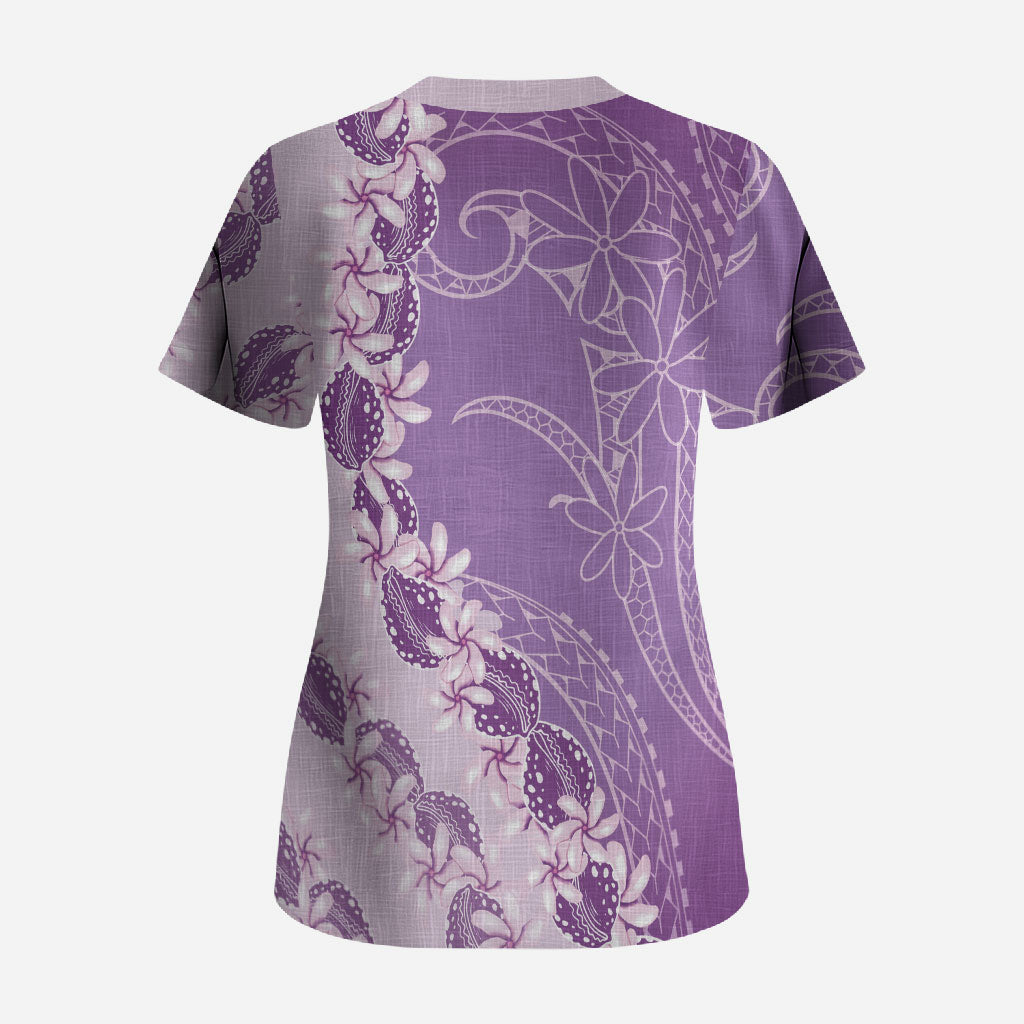 Heiva i Tahiti Scrub Top Tahitian Tiare Maori Cowrie Lei Purple LT14 - Polynesian Pride