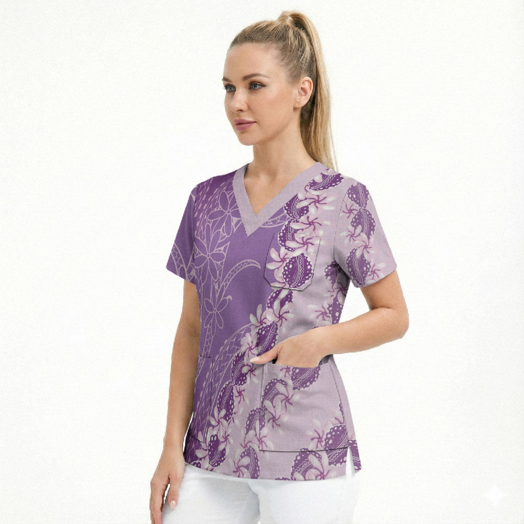 Heiva i Tahiti Scrub Top Tahitian Tiare Maori Cowrie Lei Purple LT14 - Polynesian Pride