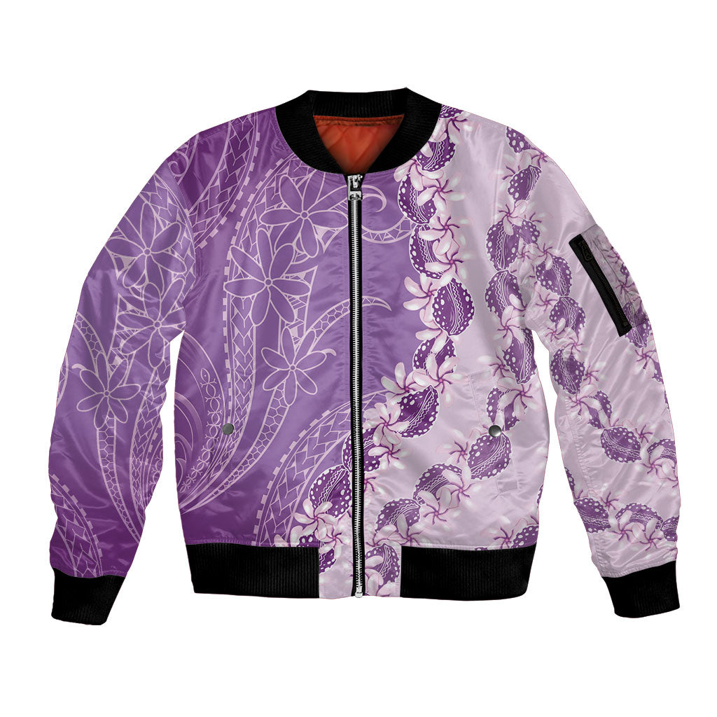Heiva i Tahiti Sleeve Zip Bomber Jacket Tahitian Tiare Maori Cowrie Lei Purple LT14 Unisex Purple - Polynesian Pride