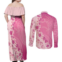 Heiva i Tahiti Couples Matching Off Shoulder Maxi Dress and Long Sleeve Button Shirt Tahitian Tiare Maori Cowrie Lei Pink LT14 - Polynesian Pride