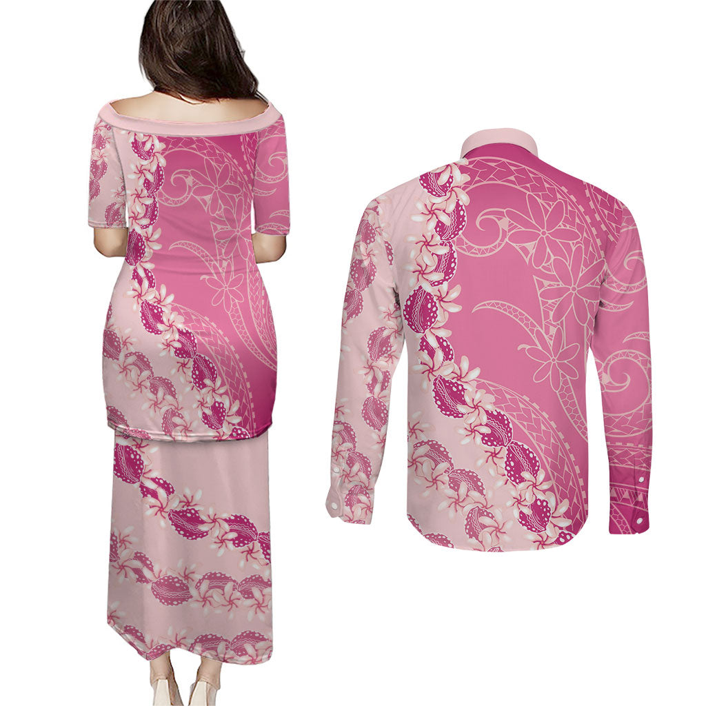 Heiva i Tahiti Couples Matching Puletasi and Long Sleeve Button Shirt Tahitian Tiare Maori Cowrie Lei Pink LT14 - Polynesian Pride