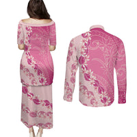 Heiva i Tahiti Couples Matching Puletasi and Long Sleeve Button Shirt Tahitian Tiare Maori Cowrie Lei Pink LT14 - Polynesian Pride