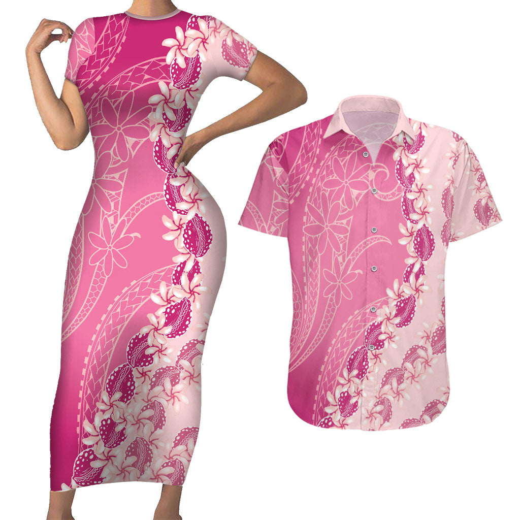 Heiva i Tahiti Couples Matching Short Sleeve Bodycon Dress and Hawaiian Shirt Tahitian Tiare Maori Cowrie Lei Pink LT14 Pink - Polynesian Pride