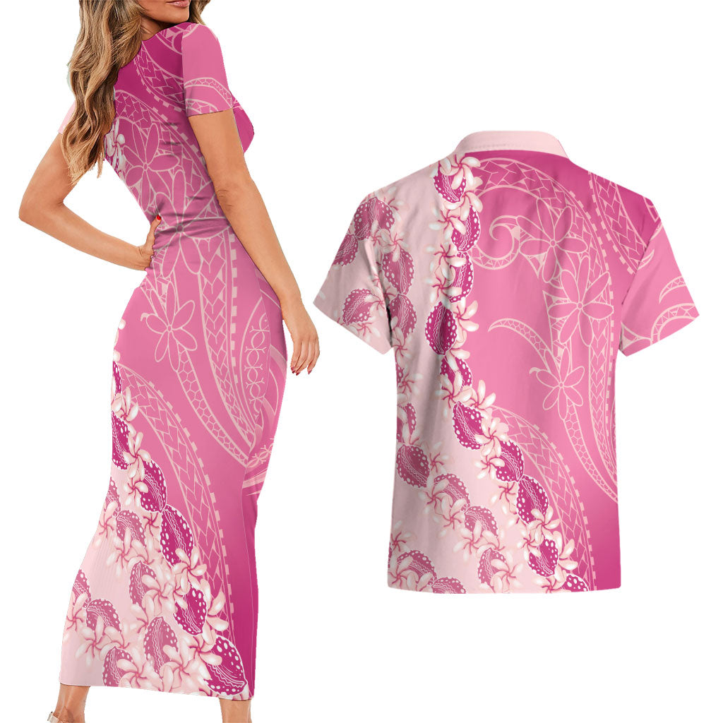 Heiva i Tahiti Couples Matching Short Sleeve Bodycon Dress and Hawaiian Shirt Tahitian Tiare Maori Cowrie Lei Pink LT14 - Polynesian Pride
