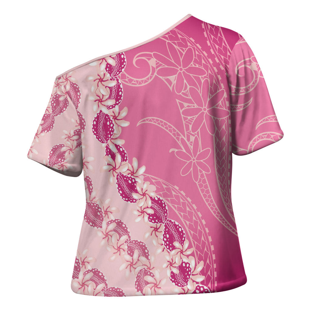 Heiva i Tahiti Cross Shoulder Shirt Tahitian Tiare Maori Cowrie Lei Pink LT14 - Polynesian Pride
