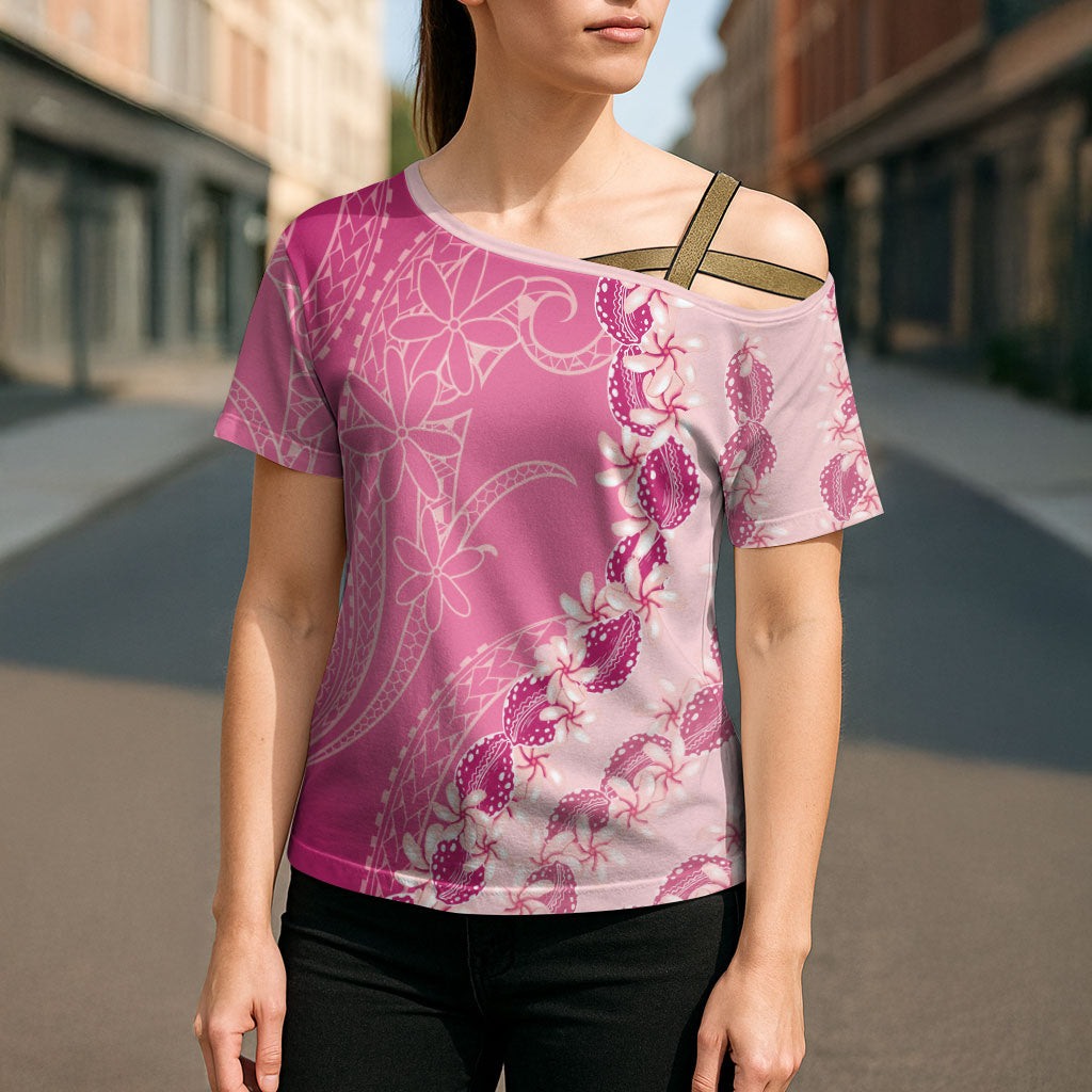 Heiva i Tahiti Cross Shoulder Shirt Tahitian Tiare Maori Cowrie Lei Pink LT14 - Polynesian Pride
