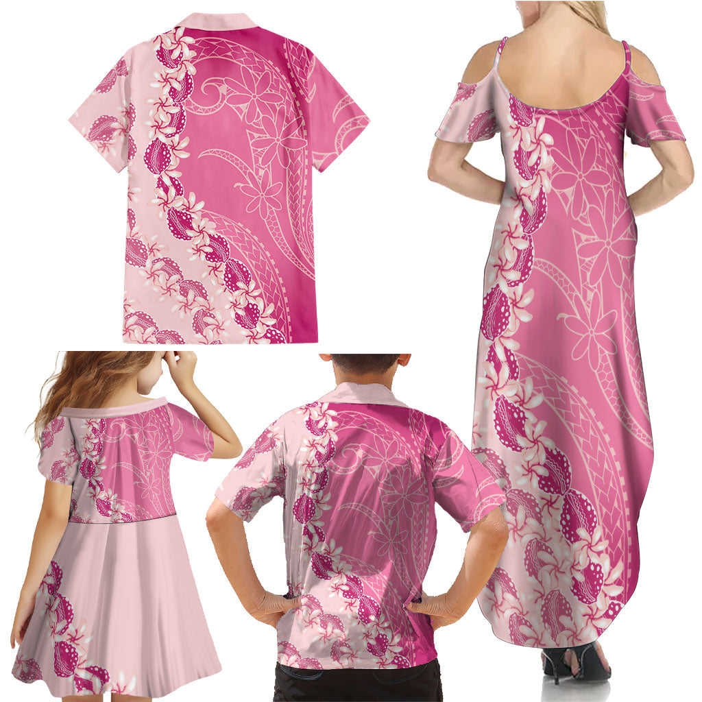 Heiva i Tahiti Family Matching Summer Maxi Dress and Hawaiian Shirt Tahitian Tiare Maori Cowrie Lei Pink LT14 - Polynesian Pride