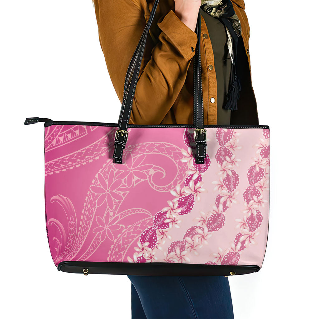 Heiva i Tahiti Leather Tote Bag Tahitian Tiare Maori Cowrie Lei Pink LT14 - Polynesian Pride