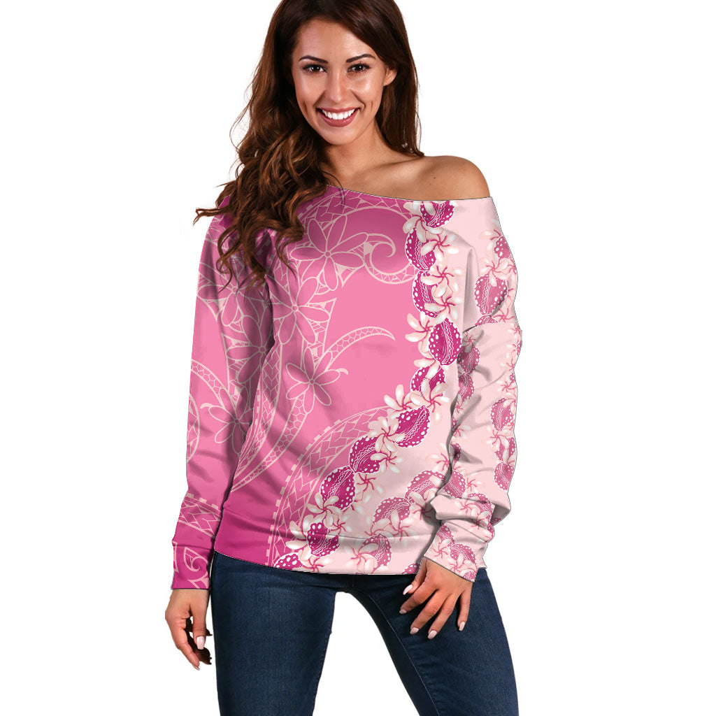 Heiva i Tahiti Off Shoulder Sweater Tahitian Tiare Maori Cowrie Lei Pink LT14 Women Pink - Polynesian Pride