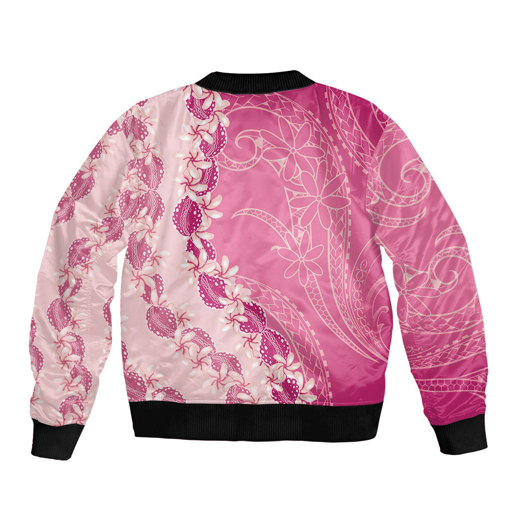 Heiva i Tahiti Sleeve Zip Bomber Jacket Tahitian Tiare Maori Cowrie Lei Pink