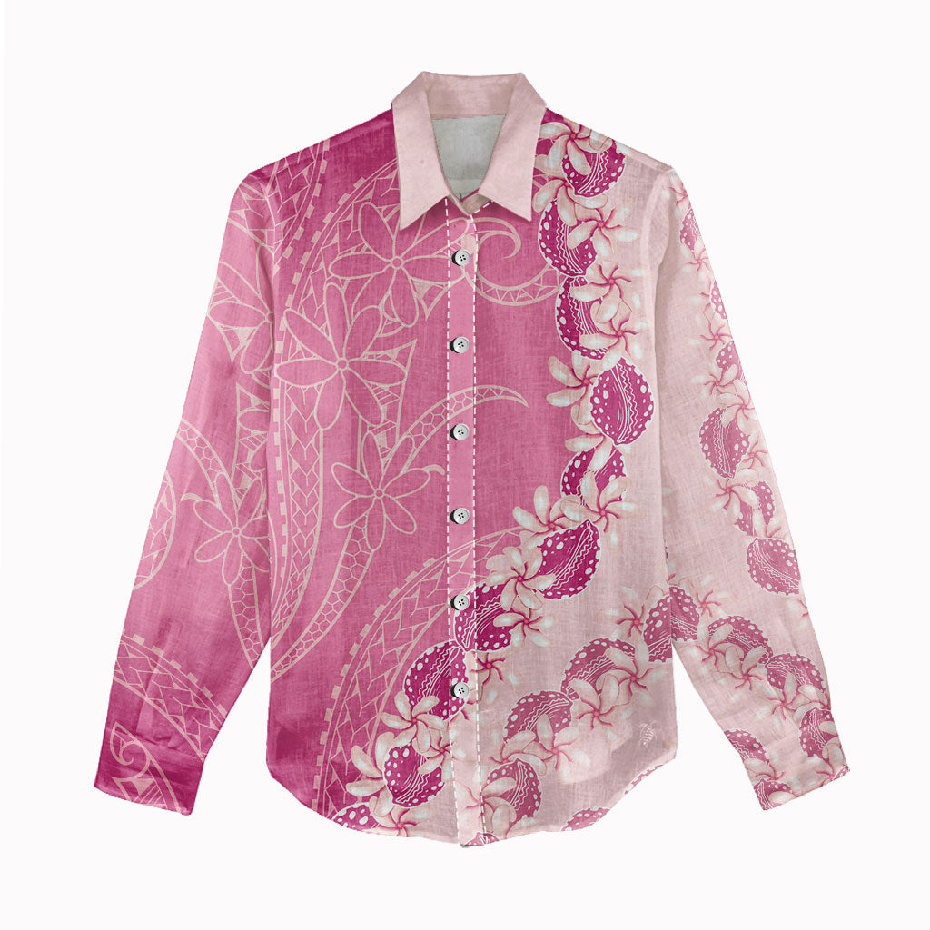 Heiva i Tahiti Women Casual Shirt Tahitian Tiare Maori Cowrie Lei Pink LT14 - Polynesian Pride