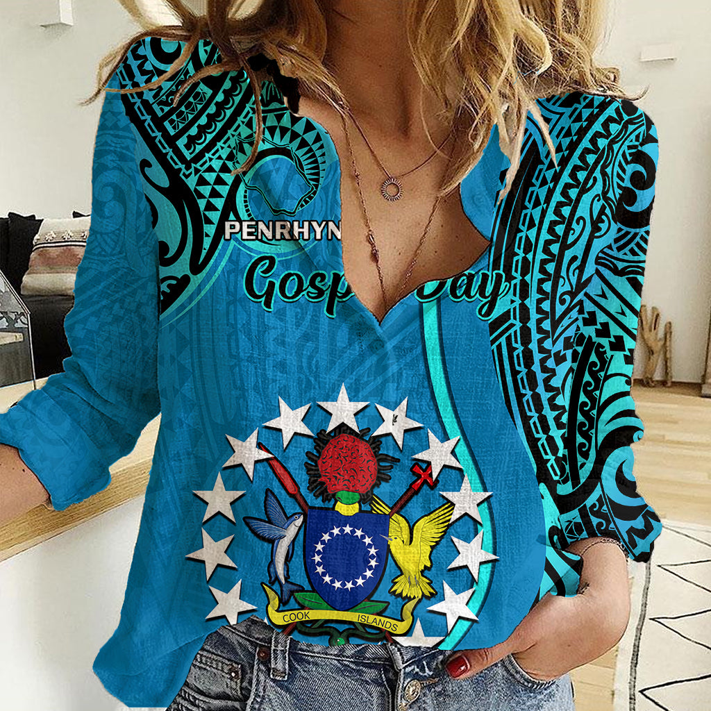 13 March Penrhyn Island Gospel Day Women Casual Shirt Cook Islands Tribal Pattern LT14 Female Blue - Polynesian Pride
