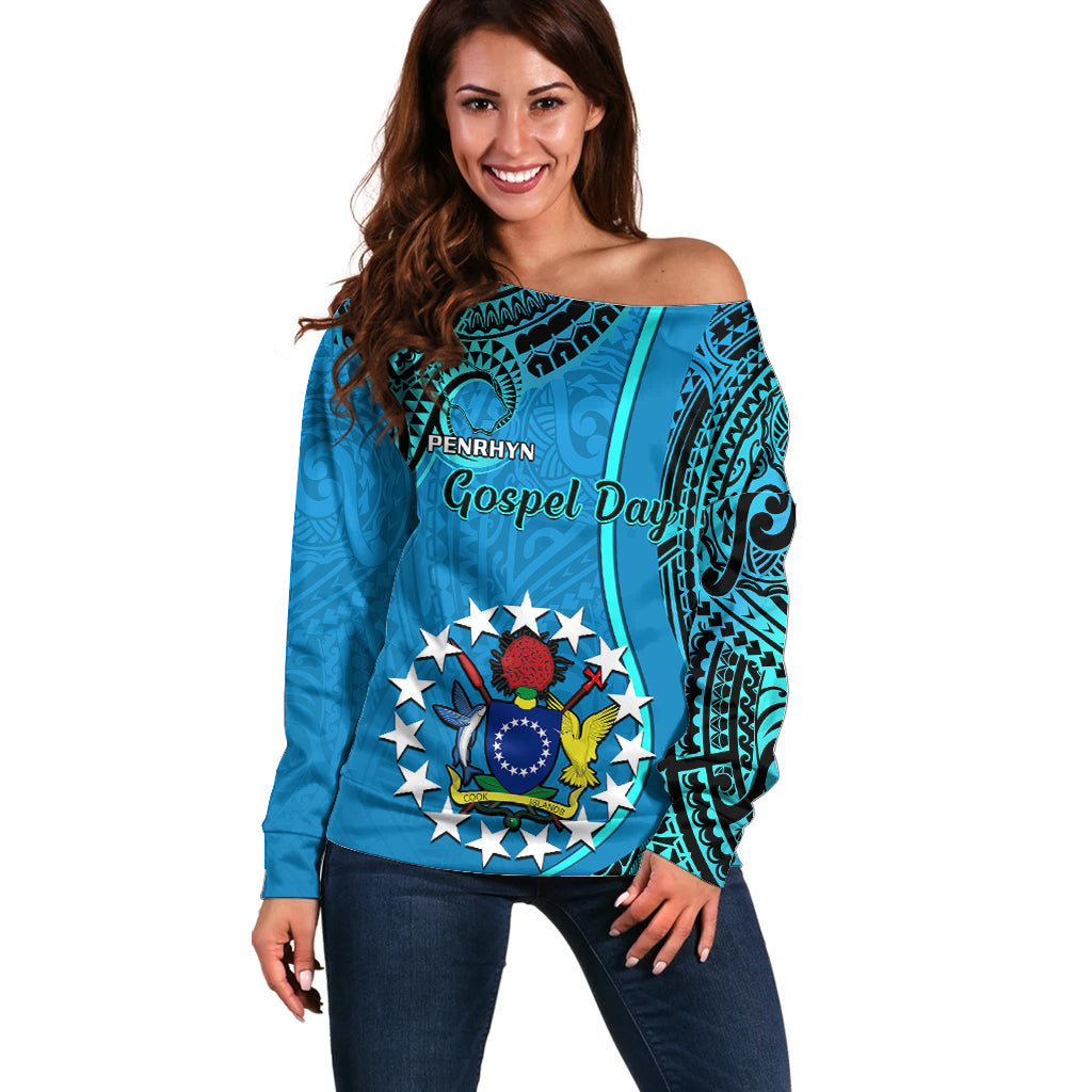 Personalised 13 March Penrhyn Island Gospel Day Off Shoulder Sweater Cook Islands Tribal Pattern LT14 Women Blue - Polynesian Pride