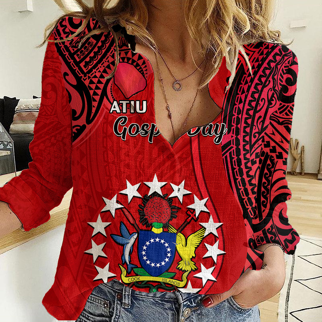 Personalised 20 July Atiu Island Gospel Day Women Casual Shirt Cook Islands Tribal Pattern LT14 Female Red - Polynesian Pride