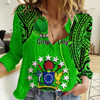 25 July Rarotonga Island Gospel Day Women Casual Shirt Cook Islands Tribal Pattern LT14 Female Green - Polynesian Pride