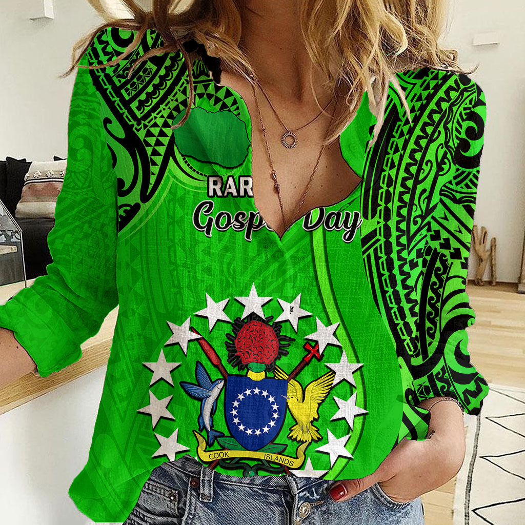Personalised 25 July Rarotonga Island Gospel Day Women Casual Shirt Cook Islands Tribal Pattern LT14 Female Green - Polynesian Pride