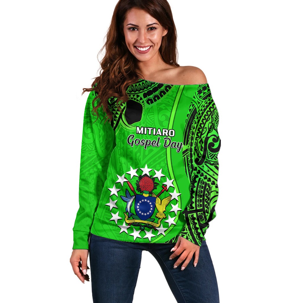 21 July Mitiaro Island Gospel Day Off Shoulder Sweater Cook Islands Tribal Pattern LT14 Women Green - Polynesian Pride