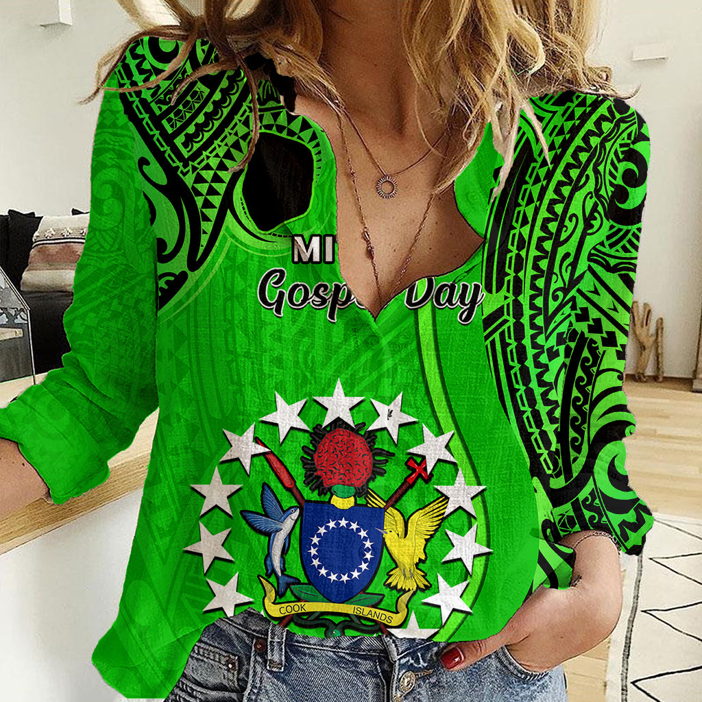 Personalised 21 July Mitiaro Island Gospel Day Women Casual Shirt Cook Islands Tribal Pattern LT14 Female Green - Polynesian Pride