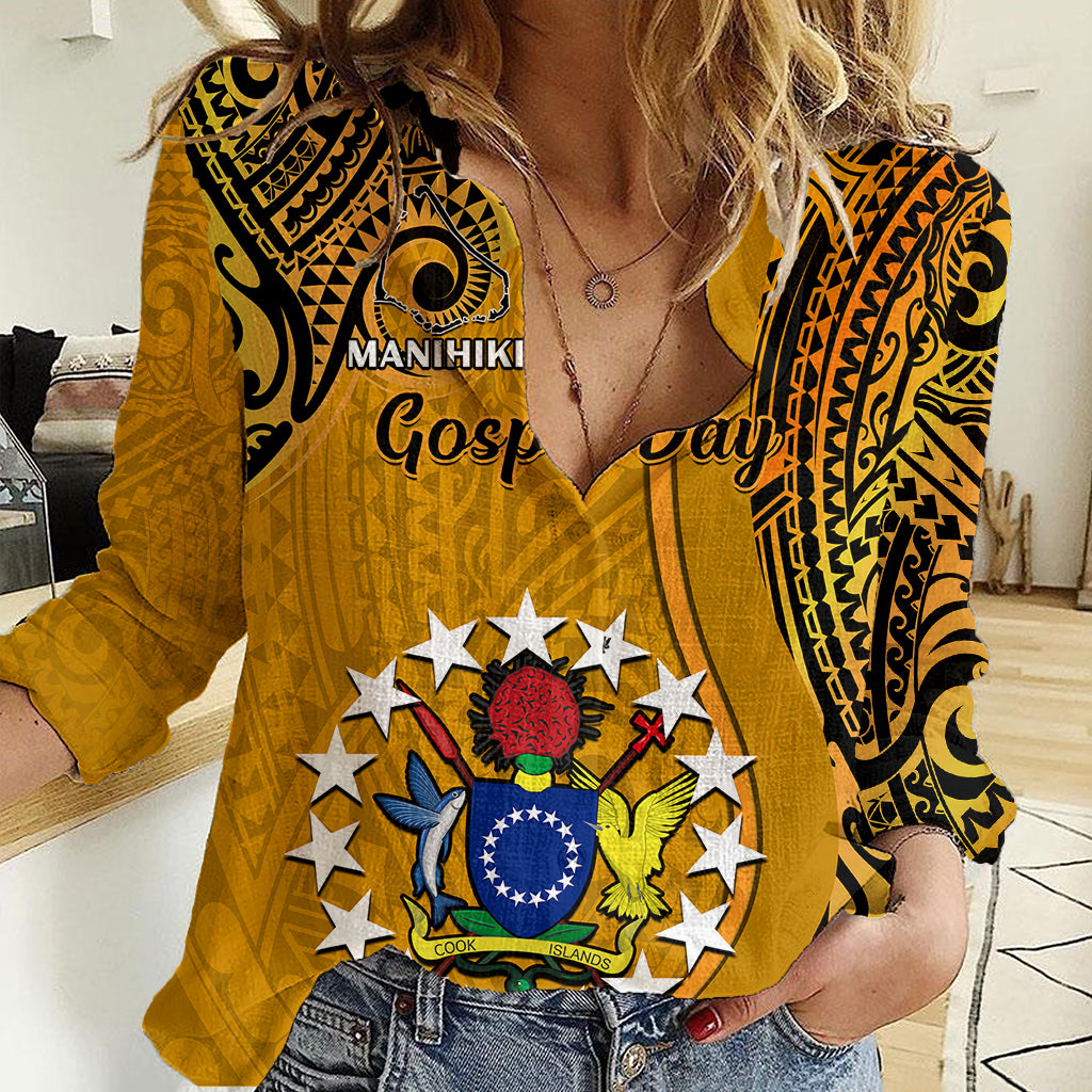 8 August Manihiki Island Gospel Day Women Casual Shirt Cook Islands Tribal Pattern LT14 Female Gold - Polynesian Pride