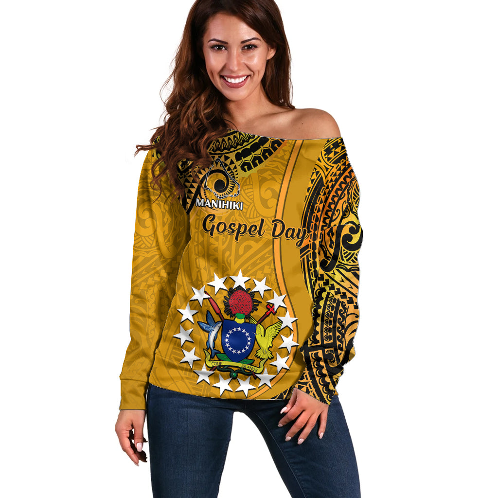 Personalised 8 August Manihiki Island Gospel Day Off Shoulder Sweater Cook Islands Tribal Pattern LT14 Women Gold - Polynesian Pride